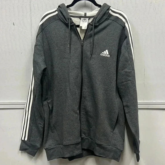 Men’s Adidas Essentials Fleece 3 Stripe Full Zip Hoodie Size Large, Gray NWT - Picture 4 of 8